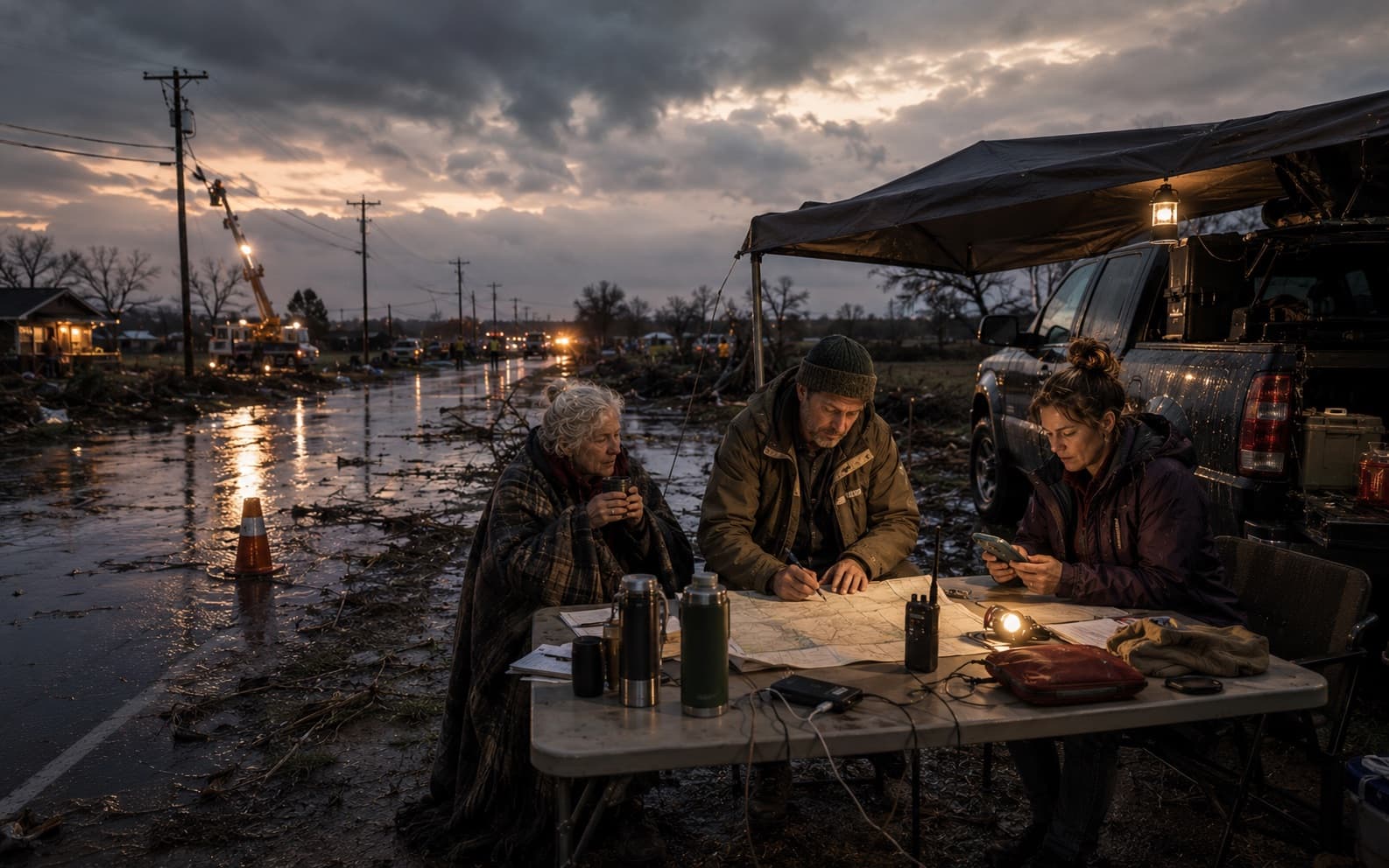 Family at a table during a storm power outage