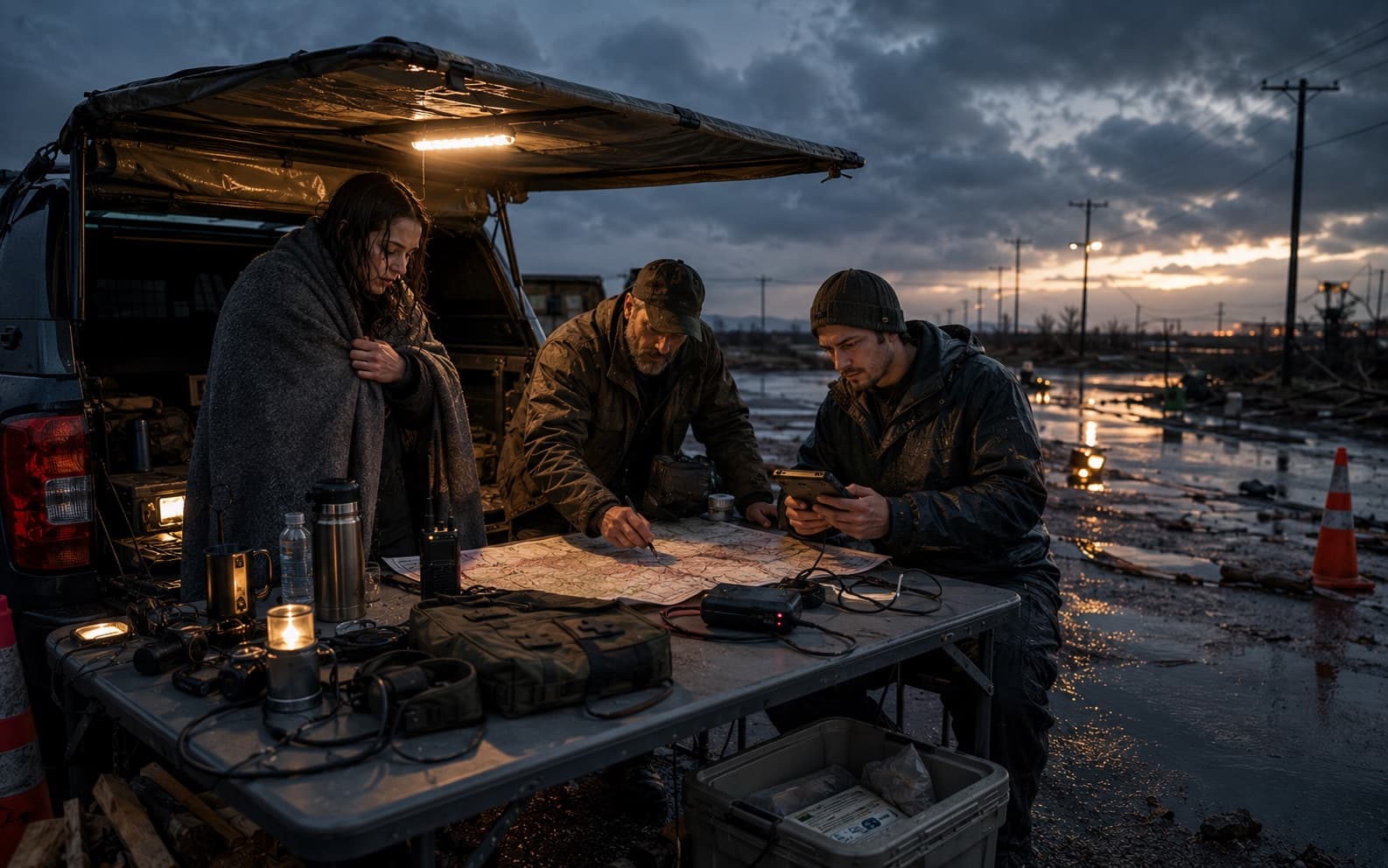 Field team reviewing a map and tablet at a truck in a storm