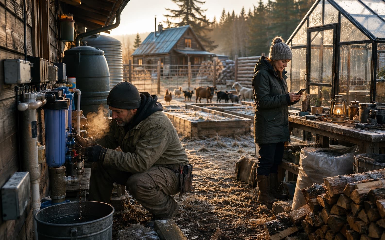 Homesteader repairing a water filter at an off-grid homestead