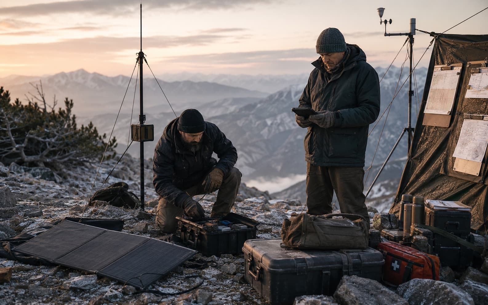 Off-gridders with solar panel and antenna on a mountain ridge