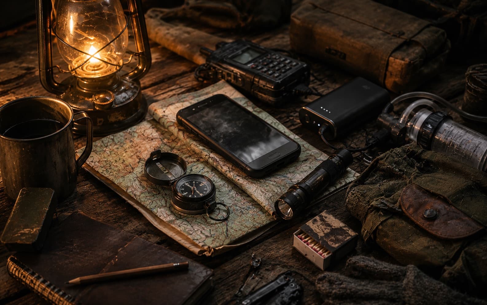 Prepper gear: lantern, radio, compass, map and phone by lamplight